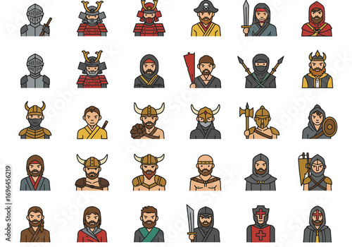 A grid of 25 cartoonish icons representing various warriors knights and historical figures