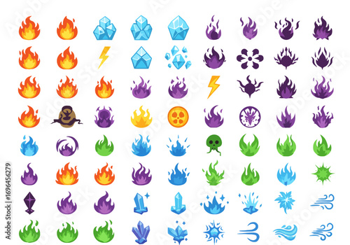 A grid of colorful cartoonish elemental icons fire ice lightning wind and shadow magic