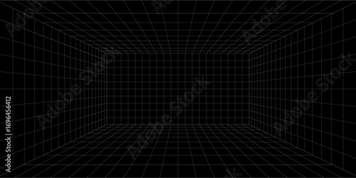 Futuristic perspective grid box. Abstract wireframe with white grid line on black background. Virtual reality landscape in 80s 90s digital style. Vector
