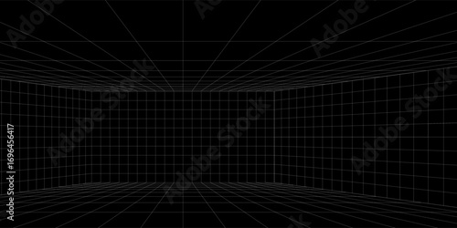 Futuristic perspective grid box. Abstract wireframe with white grid line on black background. Virtual reality landscape in 80s 90s digital style. Vector