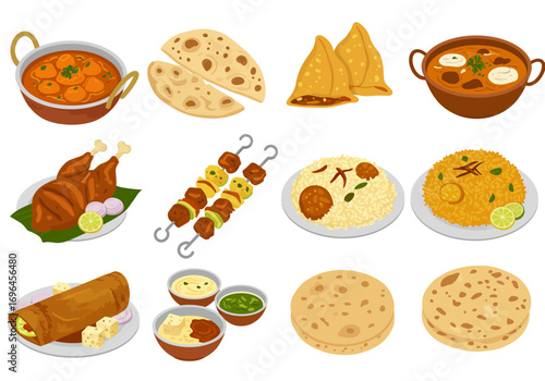 Assorted Indian foods are displayed curries breads meats rice  sauces Various dishes present culinary variety