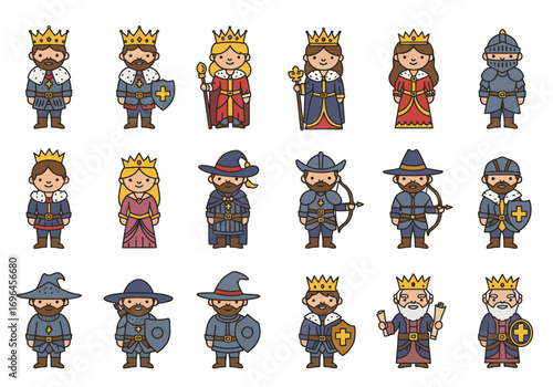 Cartoon figures various kings queens knights  guards