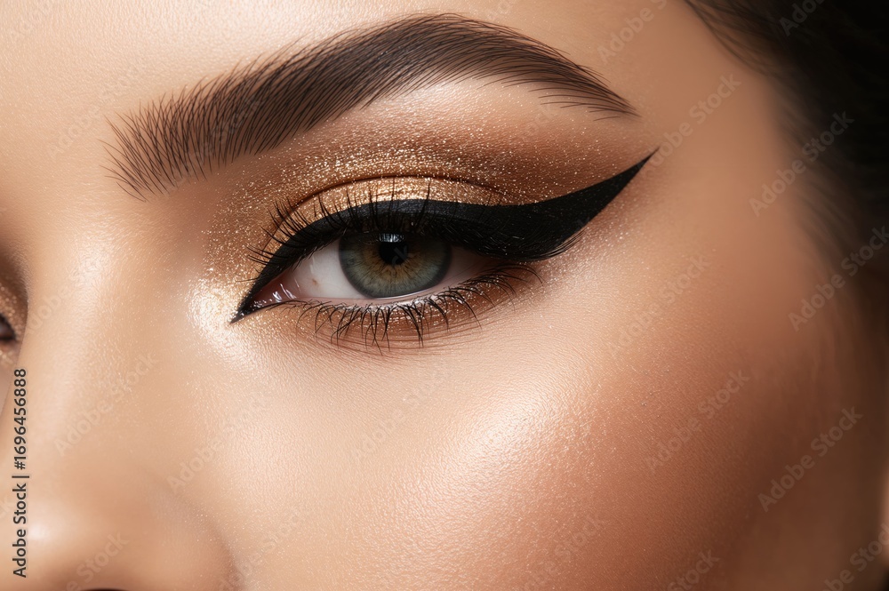 Obraz premium Detailed view of a female eye with striking eyeliner and shimmering gold eyeshadow, highlighting a sophisticated nighttime makeup style.