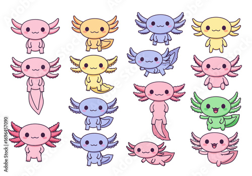 Cute axolotl collection cartoon drawings with unique colors and poses adorable aquatic creatures