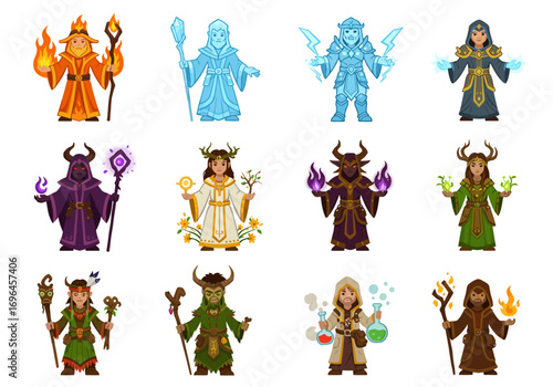 Group of pixelated cartoon wizards with diverse elements like fire nature  darkness