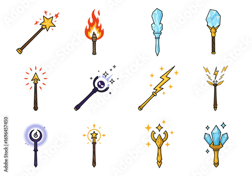 Illustration of 12 stylized wandsstaffs with varied elemental motifs on a plain background