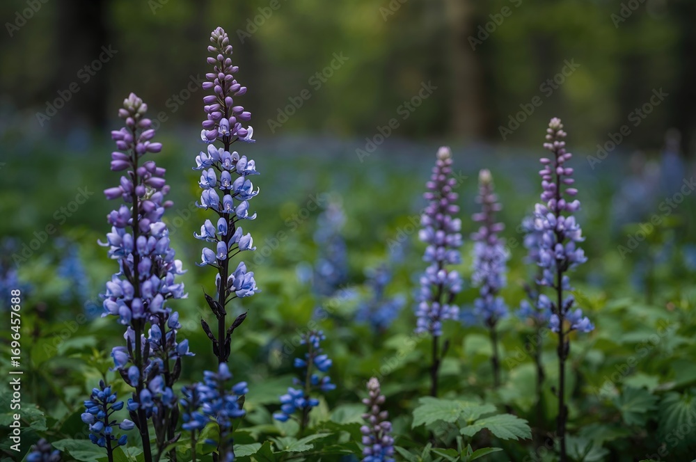 Fototapeta premium Fumewort flowers in shades of blue, purple, and white