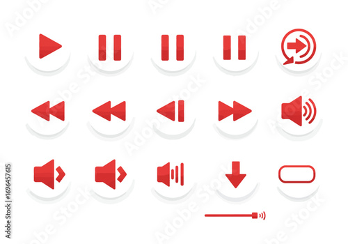 Red media player button icons arranged in a matrix over white backgrounds