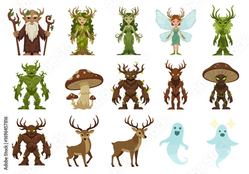 The image features stylized fantasy figures including tree beings mushrooms deer ghosts and a fairy