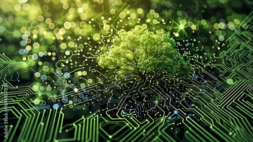 Digital circuits and tree network combined, illustrating the integration of nature and technology for effective carbon reduction. Carbon footprint reduction technology