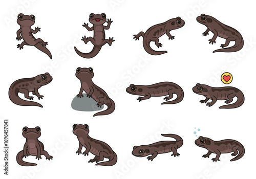Twelve brown cartoon newts displayed in varied poses and with different expressions