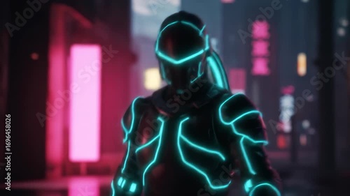 Humanoid walking with neon lights