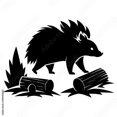 silhouette, graphic, mammal, quill, illustration, animal, black, nature, vector, wildlife, forest, porcupine, timberland, white, prickly, creature, rodent, design, icon, drawing, isolated, cute, symbo