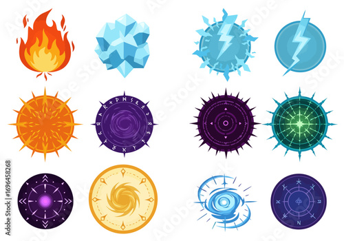 Twelve elemental icons arranged in rows showing fire ice energy light darkness and wind symbols