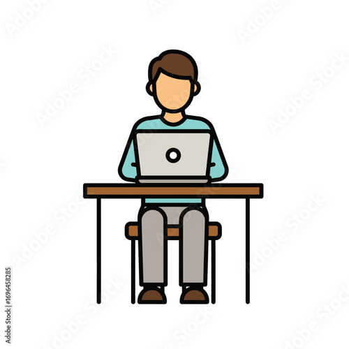 Person Working on Laptop at Desk – Flat Vector Illustration