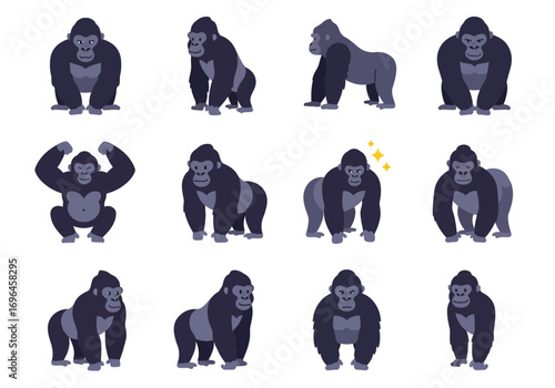 Twelve gorillas in various poses on a white background