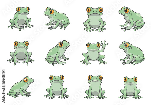 Twelve light green frogs with orange eyes are arranged on a white background