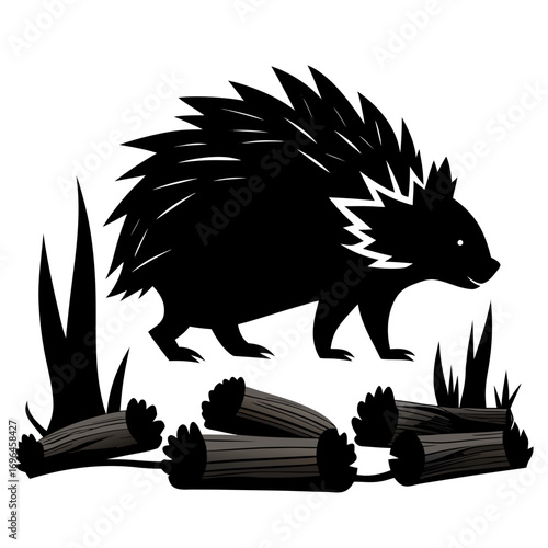 silhouette, graphic, mammal, quill, illustration, animal, black, nature, vector, wildlife, forest, porcupine, timberland, white, prickly, creature, rodent, design, icon, drawing, isolated, cute, symbo