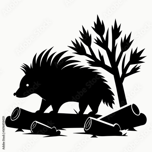 silhouette, graphic, mammal, quill, illustration, animal, black, nature, vector, wildlife, forest, porcupine, timberland, white, prickly, creature, rodent, design, icon, drawing, isolated, cute, symbo