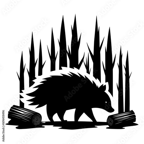 silhouette, graphic, mammal, quill, illustration, animal, black, nature, vector, wildlife, forest, porcupine, timberland, white, prickly, creature, rodent, design, icon, drawing, isolated, cute, symbo