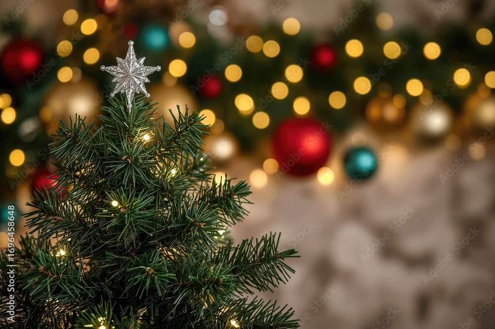 Obraz premium Bright garland illuminating a star amidst festive baubles on a holiday tree