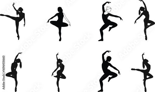 Ballet dancer silhouette set of elegant women in dance poses for performance, choreography, stage art, fitness, and motion illustration.