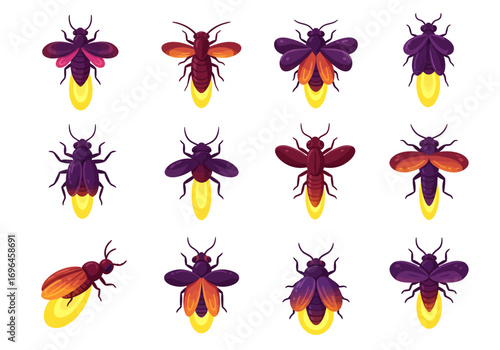 Twelve stylized fireflies some flying others not with glowing lower abdomens