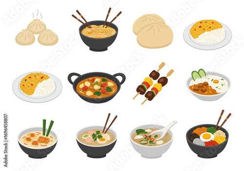 Varied Asian cuisine including dumplings noodle dishes skewers and rice plates presented on a white background