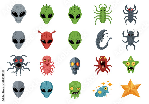 An array of cartoonish alien and monster icons diverse in color and form arranged on a white background