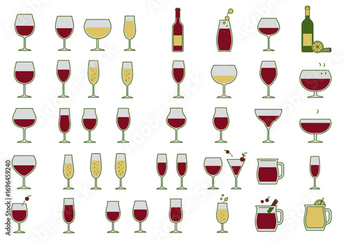 An array of wine glasses bottles and mugs filled with red and yellow liquids