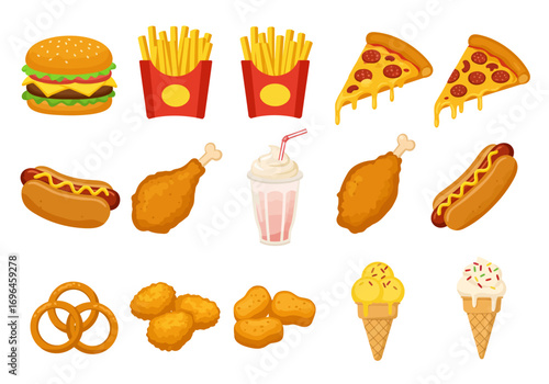 An assortment of fast food items burgers fries pizza hotdogs chicken pretzels nuggets milkshake and ice cream