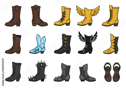 An illustration displays varied fantasystyle boots and sandals arranged in rows