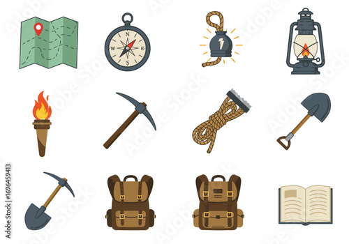 Assorted adventure icons depict map compass and tools