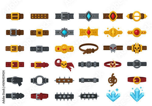 Array of fantasy belts with buckles gems skulls spikes and a knotted rope on a white background
