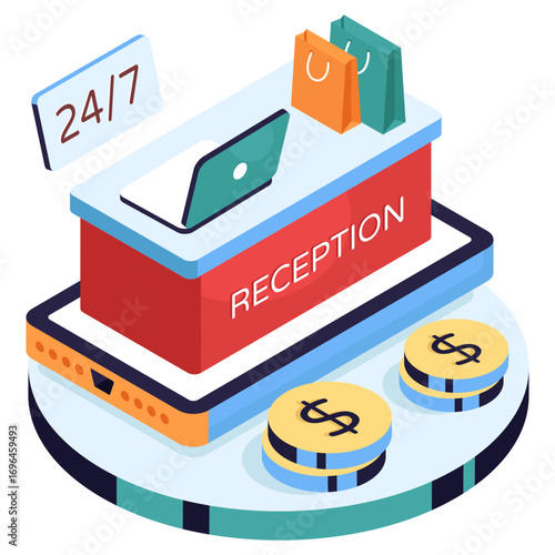 An isometric design illustration of reception desk