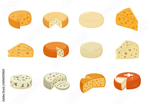 Cheese assortment Various types displayed cut into wedges or whole wheels featuring diverse textures and colors