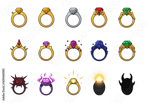 Fifteen items are arranged in three rows of five most are rings
