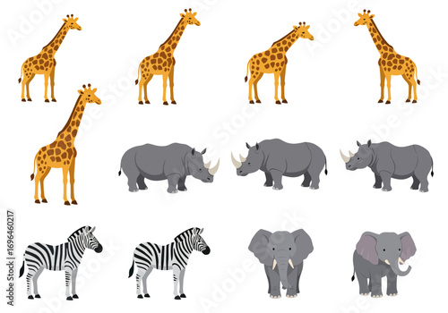 Giraffes rhinos zebras and elephants are arranged in a grid formation on a white background
