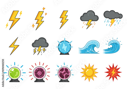 Icons of lightning bolts storms waves orbs sun and an explosion are arranged in rows