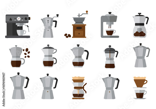 Image displays a collection of various coffee makers each with a distinct design and style