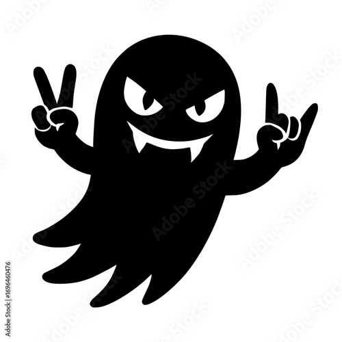 Isolated Halloween cartoon ghost making peace and rock and roll hand gestures
