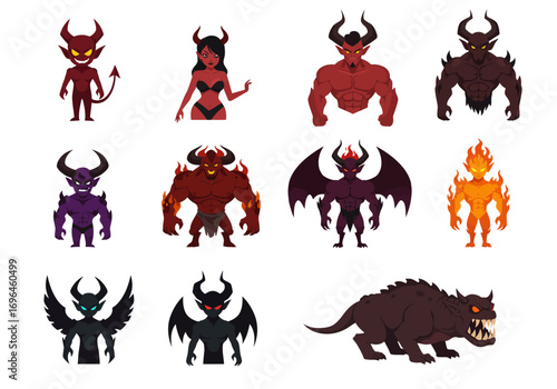 Image shows multiple cartoon demons and hellhound characters