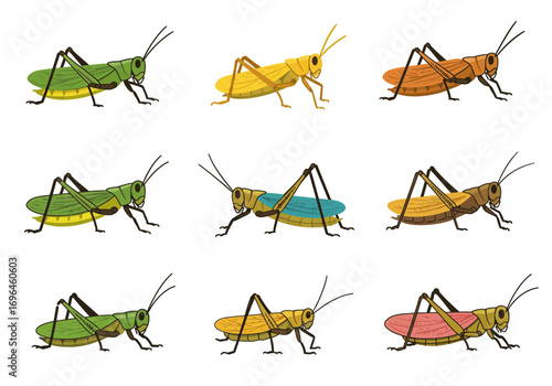 Nine colorful grasshoppers are arranged in a grid each with a unique hue and pose