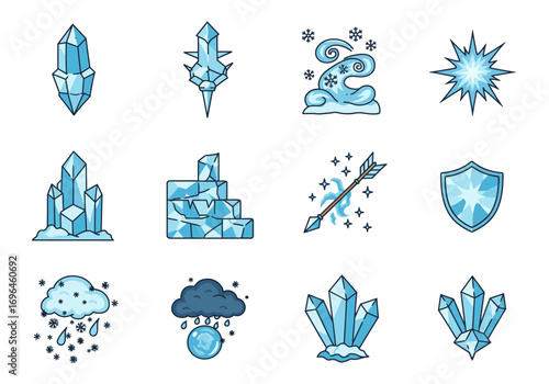 Pixel art depicts icethemed icons in a grid including crystals weather elements and magical items