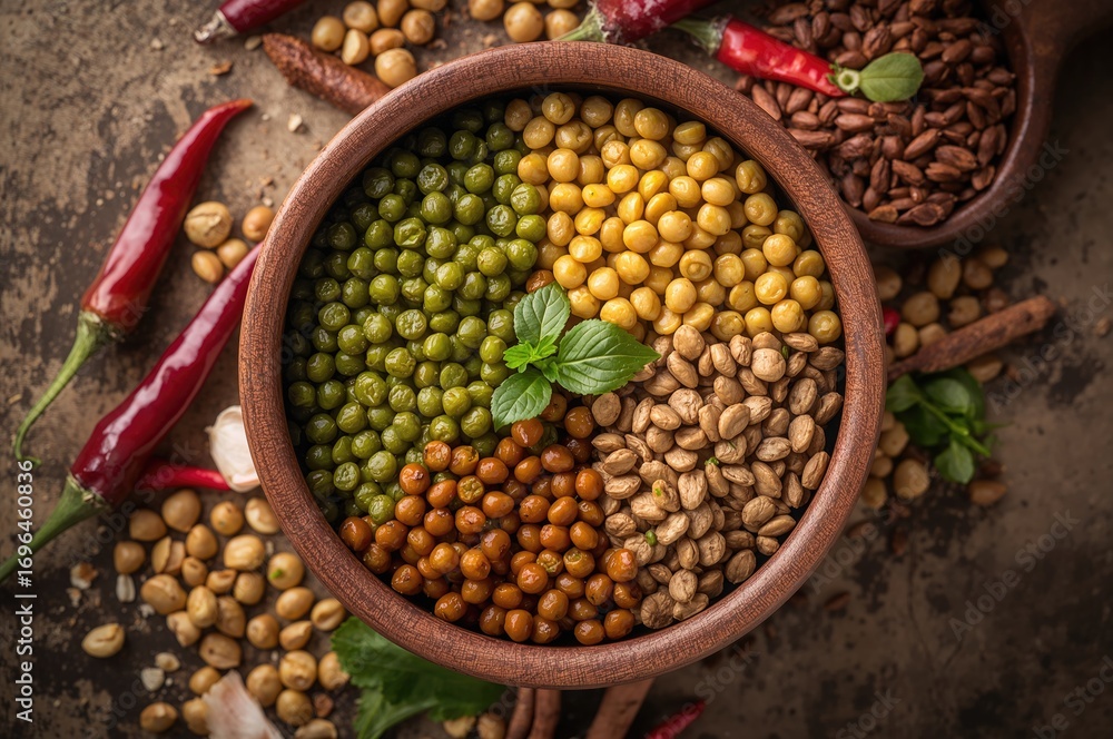 Fototapeta premium Assorted vibrant lentils in a rustic bowl alongside soybeans, red chili peppers with foliage, and cloves of garlic