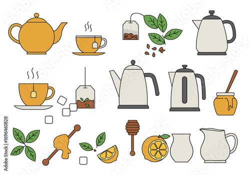 Tea teapots cups leaves honey lemon