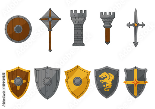 Ten cartoon medieval objects shields sword mace  castle towers arranged on a white background