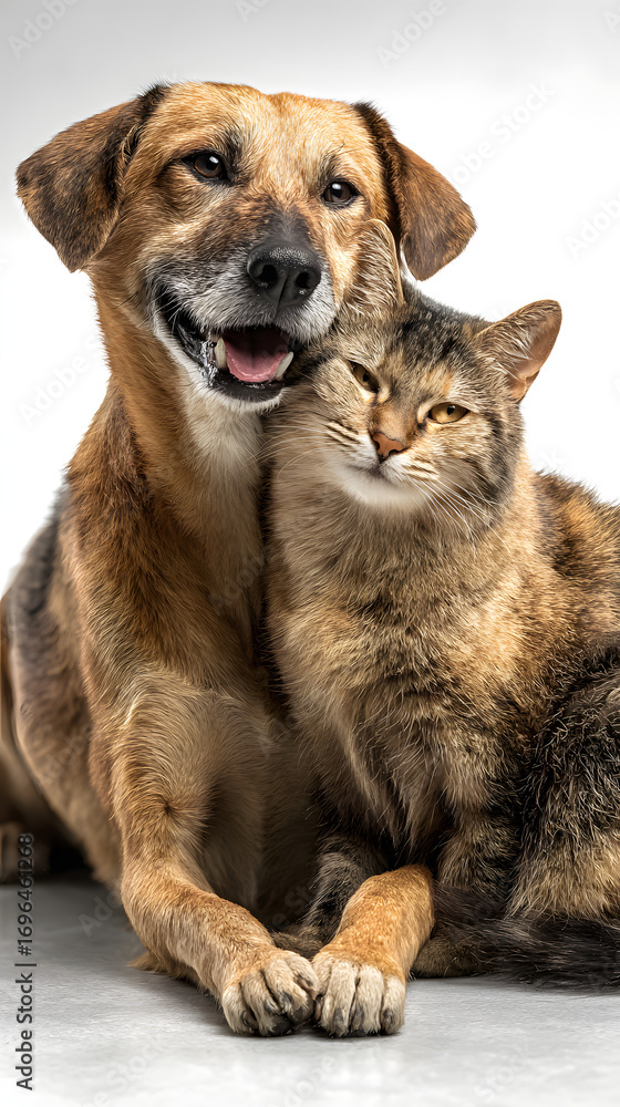 Fototapeta premium dog, cat, pet, puppy, animal, white, isolated, dogs, cute, kitten, group, sitting, studio, together, chihuahua, canine, two, animals, portrait, pets, funny, white background, friendship, purebred, bre