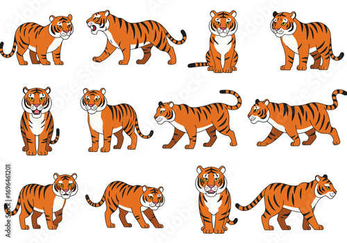 Twelve cartoon tigers in different poses all orange with black stripes against a white background