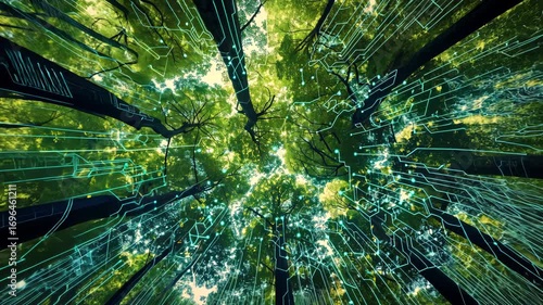 Interconnected trees and circuits, representing the synergy of natural and technological methods for carbon reduction. Carbon footprint reduction technology